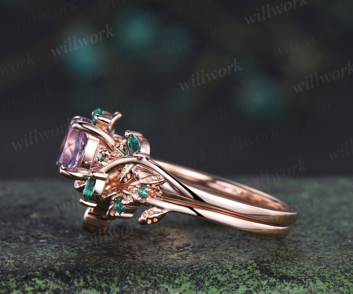 Round lavender amethyst engagement ring set marquise emerald twig ring celtic knot wedding band nature inspired bridal set