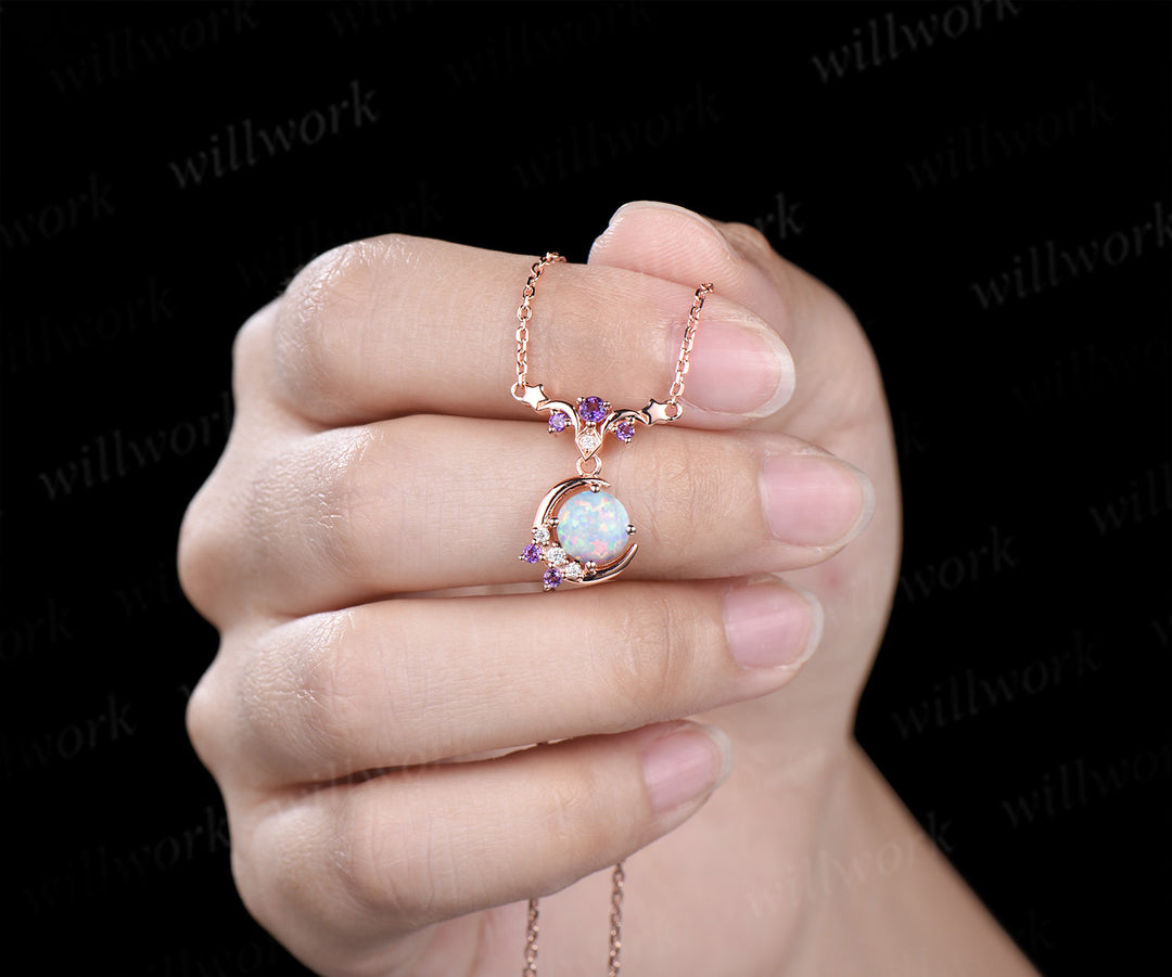 Dainty round opal moon stars necklace amethyst moissanite cluster pendant October birthstone jewelry anniversary gifts