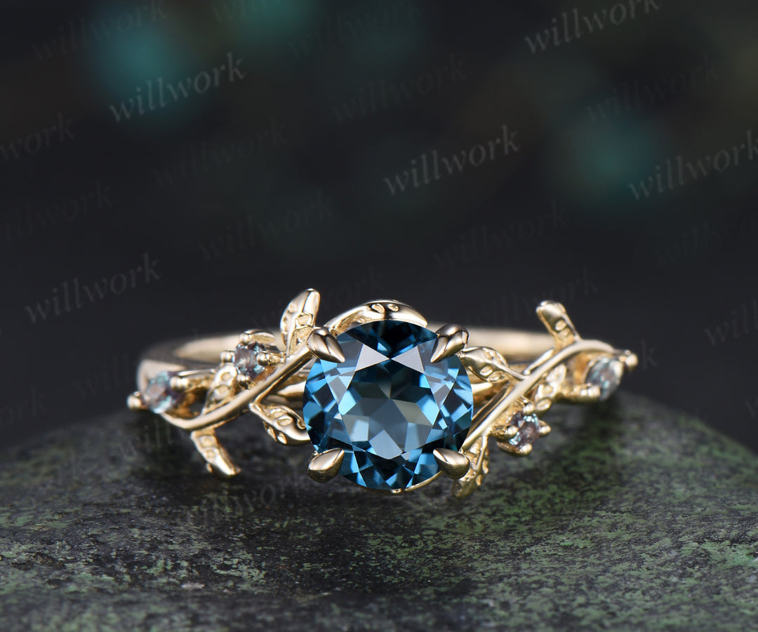 Nature inspired round London blue topaz ring set leaf twig alexandrite ring moonstone moissanite wave band bridal set