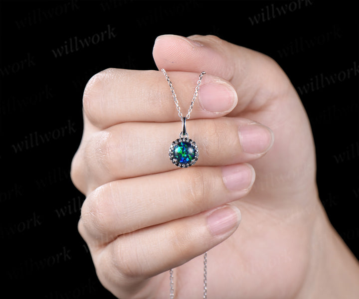 Vintage round black opal necklace unique black diamonds/black spinels pendant necklace wedding anniversary birthday gifts