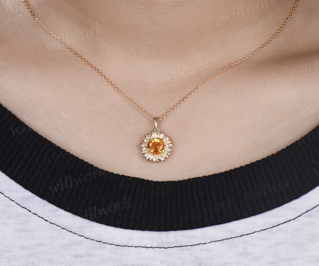 Round cut citrine sunflower necklace solitare yellow cystal pendant necklace November jewelry