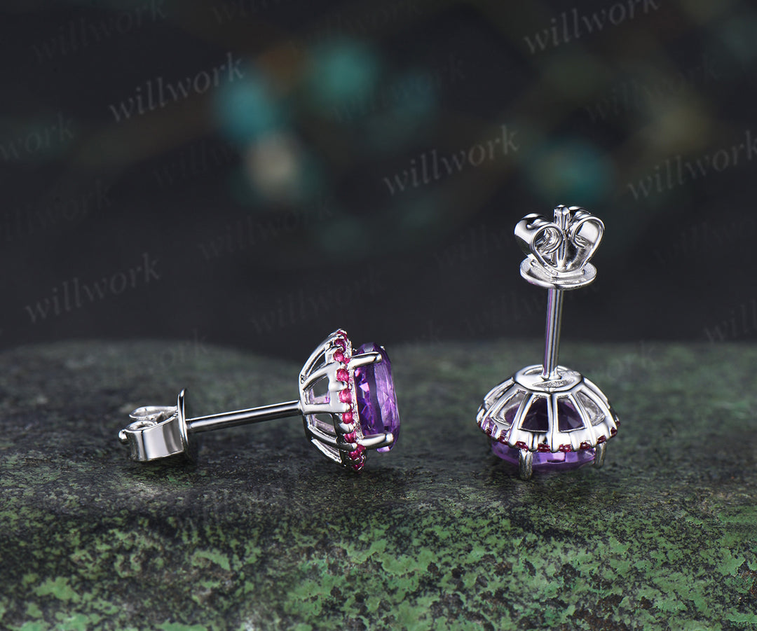 Enchanting round amethyst stud earrings red ruby halo piercing birthstone earrings gifts for her