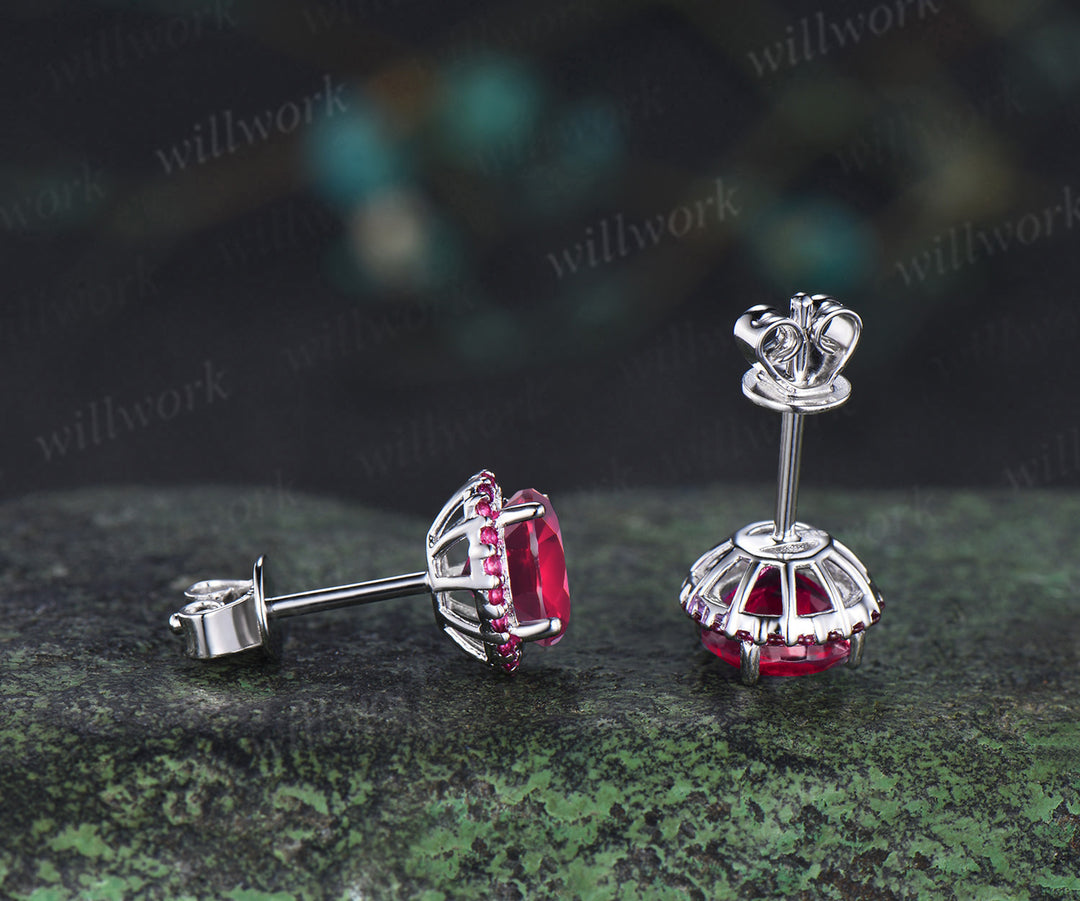 Vintage round ruby stud earrings red ruby halo piercing jewelry July birthstone gifts