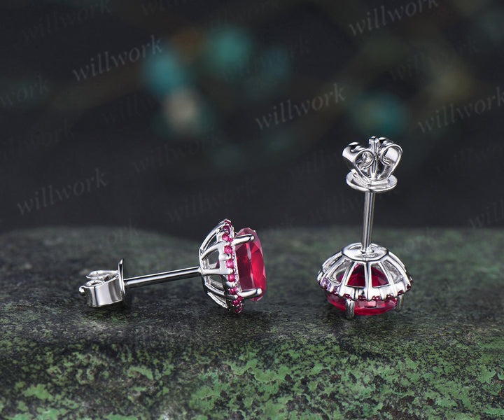 Vintage round ruby stud earrings red ruby halo piercing jewelry July birthstone gifts