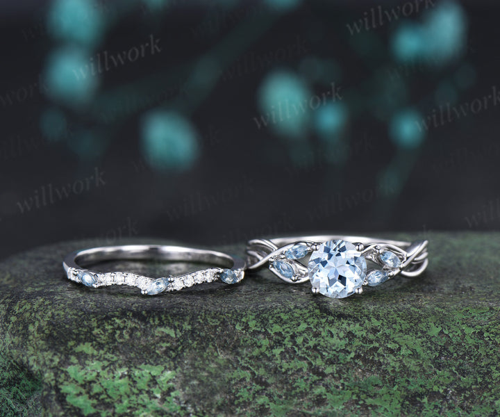 1CT round aquamarine ring set marquise aquamarine twisted engagement ring moissanite matching band March birthstone jewelry for her