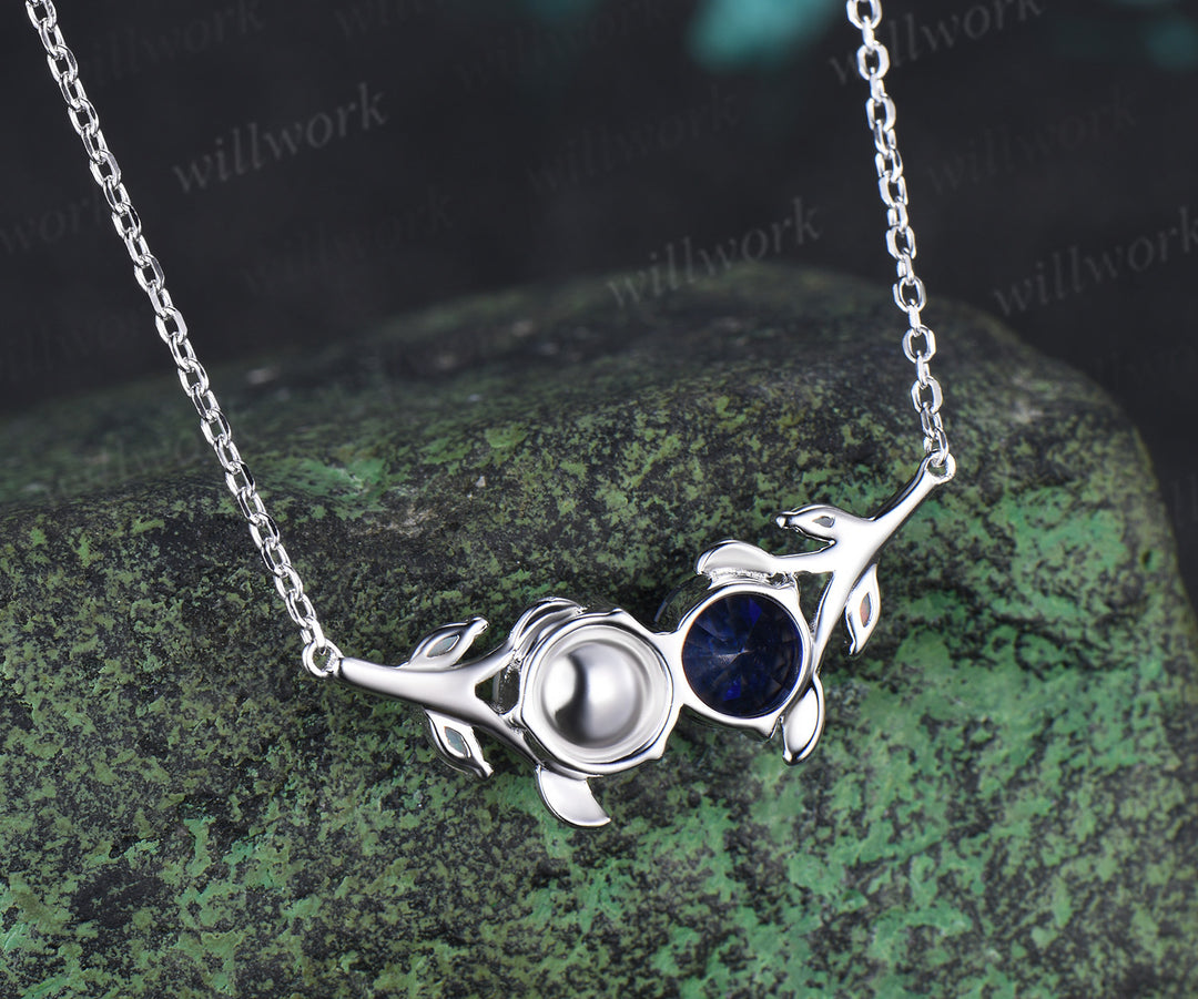 1ct Round Sapphire Pearl Leaf Vine Necklace Toi et Moi Pendant with Opal Unique Couple BFF Necklace Gifts