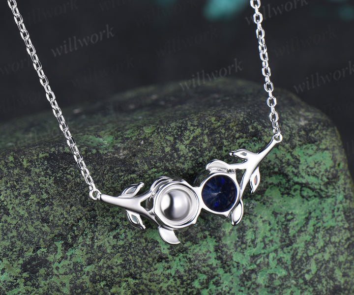 1ct Round Sapphire Pearl Leaf Vine Necklace Toi et Moi Pendant with Opal Unique Couple BFF Necklace Gifts