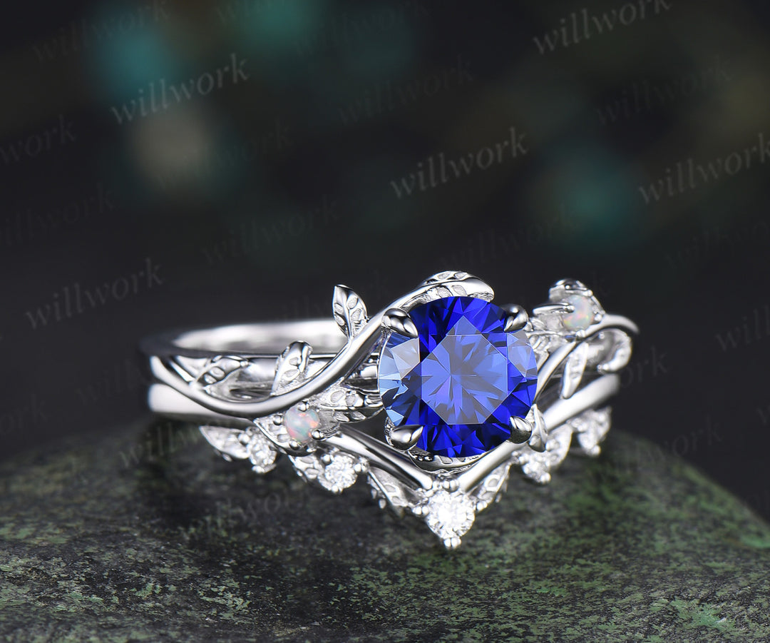 1ct round cut blue sapphire engagement ring set leaf twig opals ring moissanite wedding band brial set