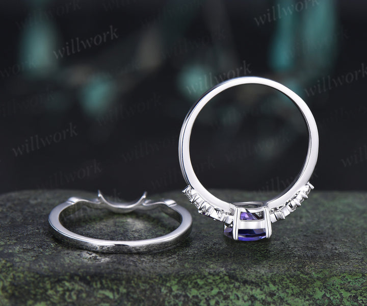 Round Cut Purple Sapphire Ring Set Art Deco Amethyst Star Moissanite Accent Promise Ring Moon Wave Wedding Band Unique Bridal Set