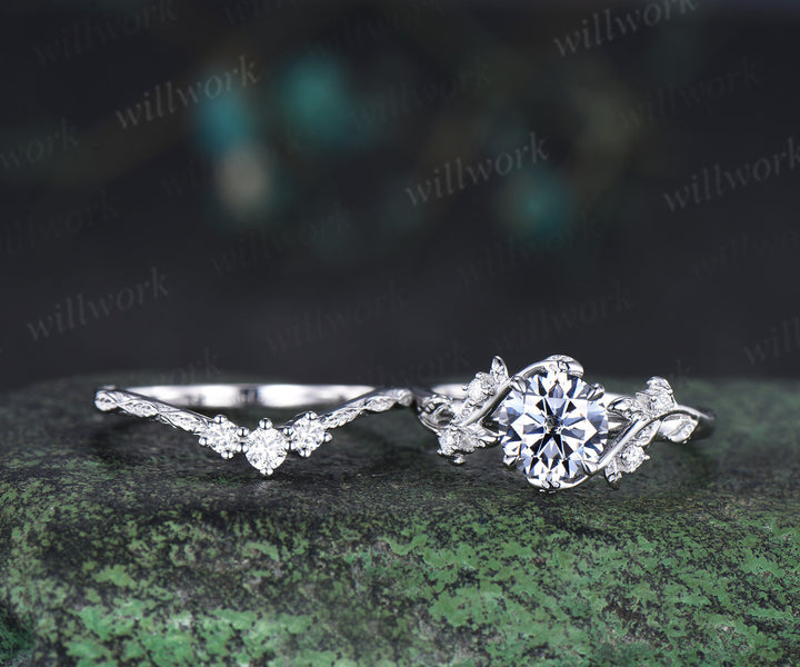 Round cut gray moissanite ring set nature inspired leaf moissanite ring matching wedding band unique bridal set jewelry gifts