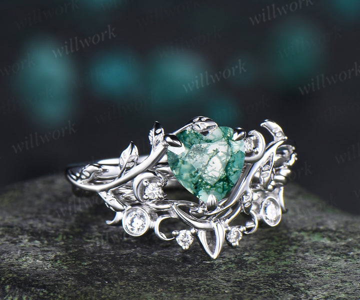 Vintage Heart Moss Agate Engagement Ring Twig Leaf Nature inspired Moon Diamond Celtic knot Wedding Ring Set