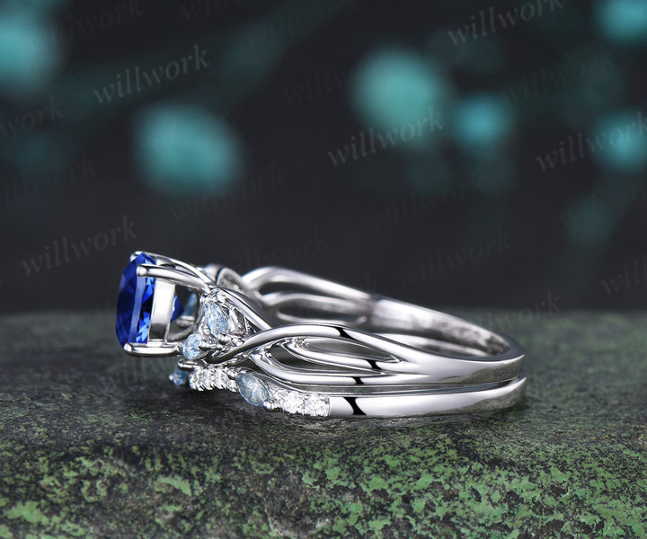 Round Cut Sapphire Engagement Ring Set Twisted Marquise Aquamarine Ring Wave Moissanite Stacking Ring Unique Bridal Set