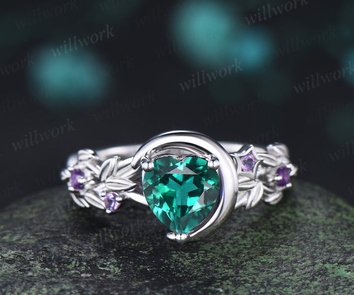 Unique trillion cut emerald engagement ring star leaf twig amethyst accent five stones promise ring
