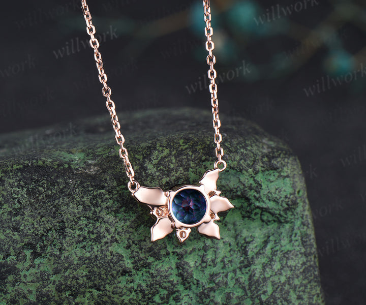 Nature inspired round alexandrite leaf pendant necklace color change gemstone moissanite pendant June birthstone gifts