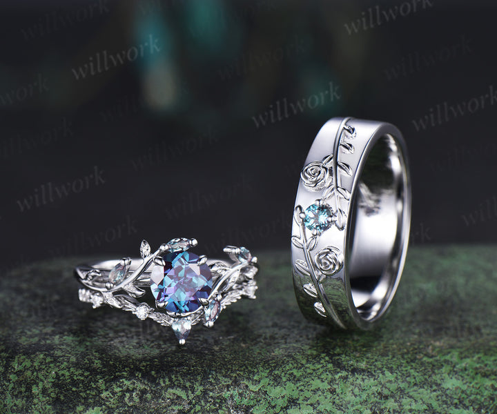 Vintage Round Alexandrite Leaf Bridal Ring Set & Leaf Vine Floral Engraved Alexandrite Men Wedding Ring Enchanted Couple Ring Set