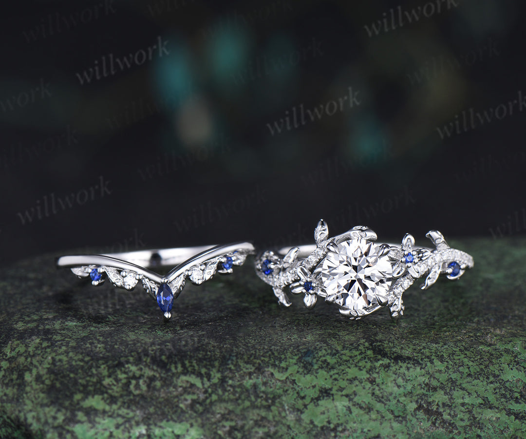Round brilliant cut lab grown diamond leaf engagement ring set solid 14k white gold floral twig sapphire diamond promise ring unique bridal set