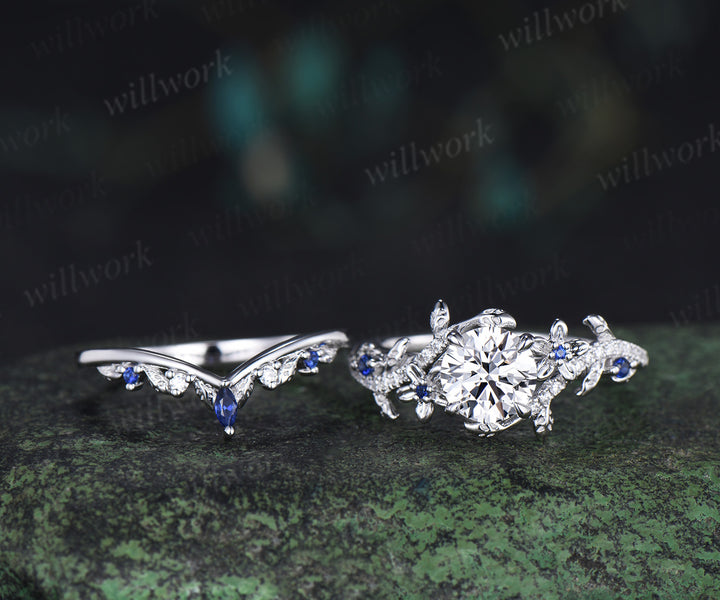 Round brilliant cut lab grown diamond leaf engagement ring set solid 14k white gold floral twig sapphire diamond promise ring unique bridal set