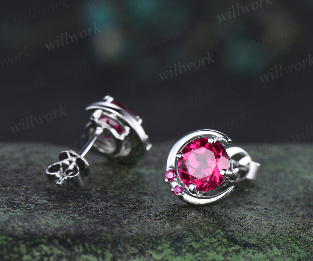 Round ruby moon stud earrings unique solid 14k 18k white gold ruby cluster earrings July birthstone jewelry gifts for women