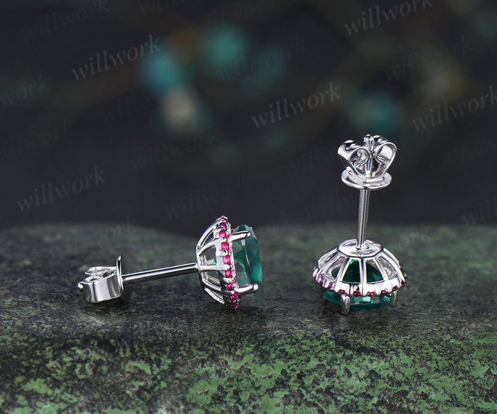 Vintage round emerald stud earrings red ruby halo piercing earrings unique jewelry gifts