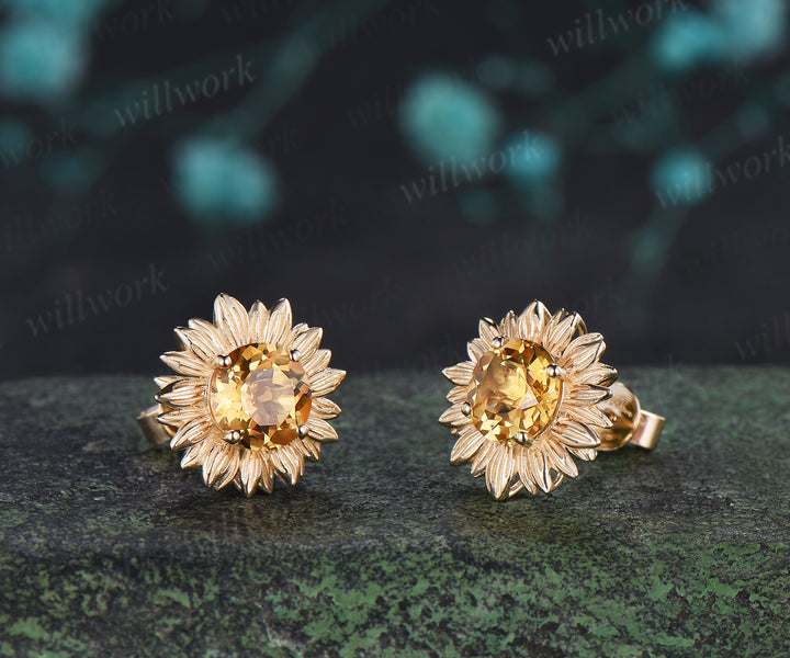 Round Cut Yellow Citrine Sunflower Stud Earrings Nature Inspired Citrine Flower Earrings November Birthstone Gift