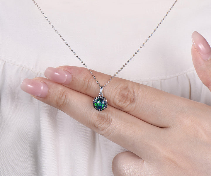 Vintage round black opal necklace unique black diamonds/black spinels pendant necklace wedding anniversary birthday gifts