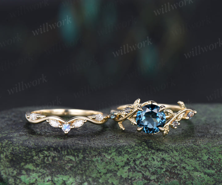 Nature inspired round London blue topaz ring set leaf twig alexandrite ring moonstone moissanite wave band bridal set