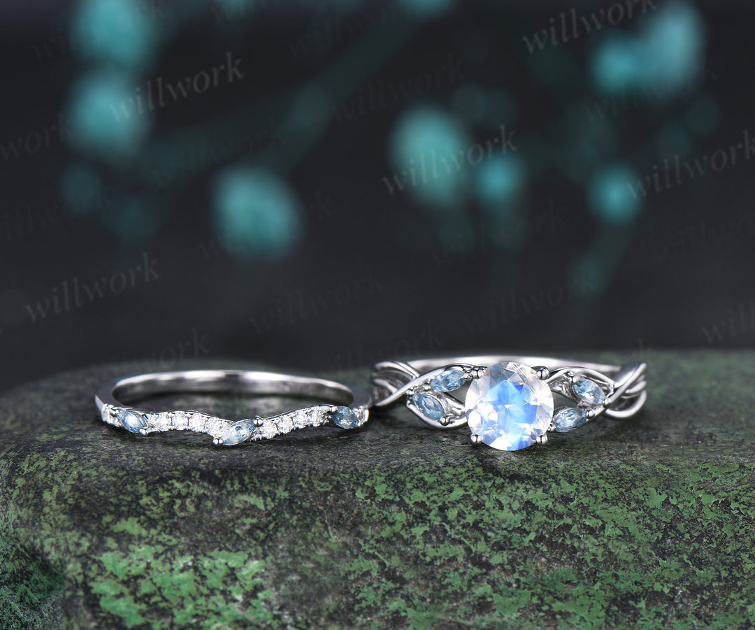 Natural round moonstone ring set split shank promise ring with marquise aquamarine waving moissanite stacking band bridal set