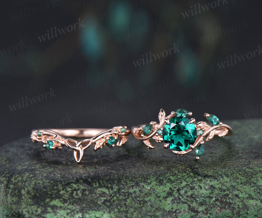 Round emerald engagement ring set marquise emerald twig ring celtic knot wedding band nature inspired bridal set
