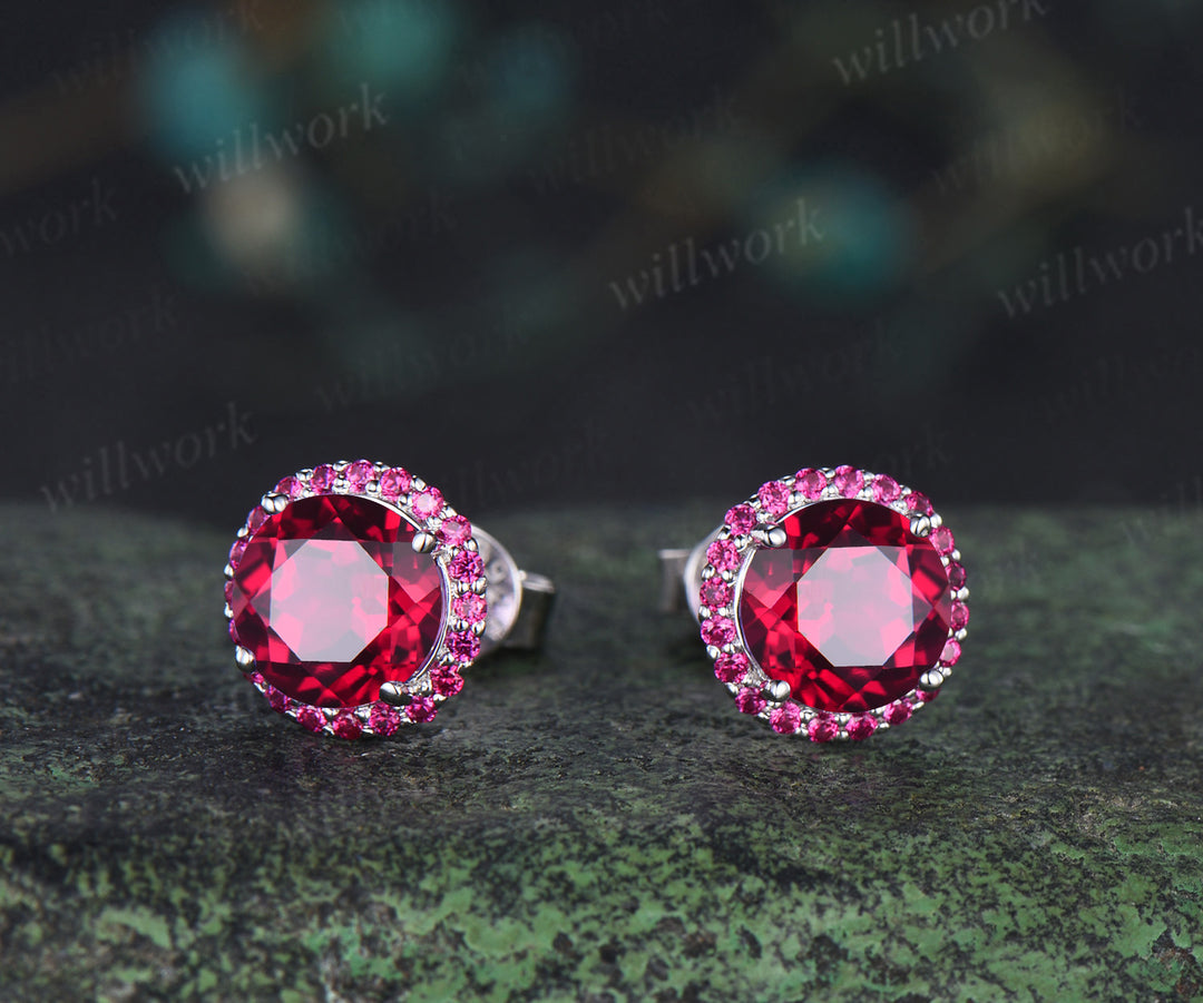 Vintage round ruby stud earrings red ruby halo piercing jewelry July birthstone gifts