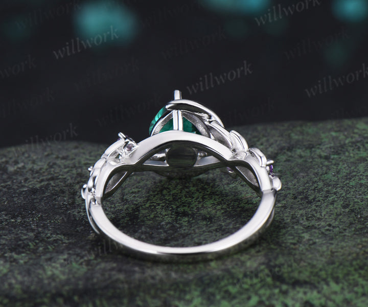 Unique trillion cut emerald engagement ring star leaf twig amethyst accent five stones promise ring