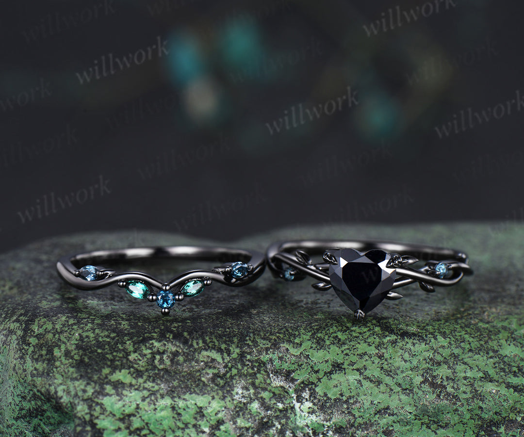 Black gold heart black onyx engagement ring leaf twisted ring London blue topaz curved wedding band mysterious bridal set