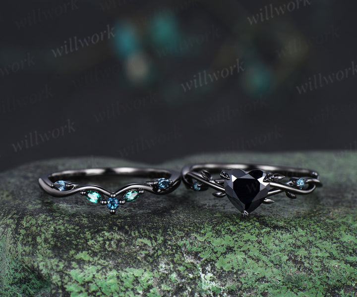 Black gold heart black onyx engagement ring leaf twisted ring London blue topaz curved wedding band mysterious bridal set