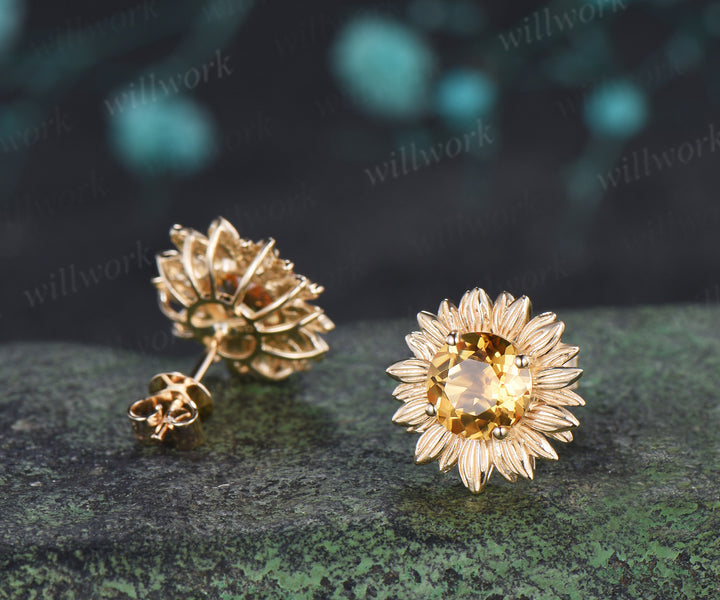 Round Cut Yellow Citrine Sunflower Stud Earrings Nature Inspired Citrine Flower Earrings November Birthstone Gift