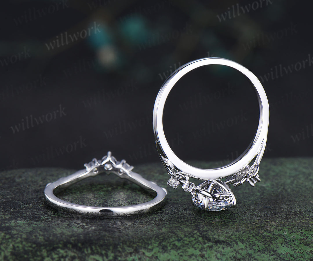 Round cut gray moissanite ring set nature inspired leaf moissanite ring matching wedding band unique bridal set jewelry gifts