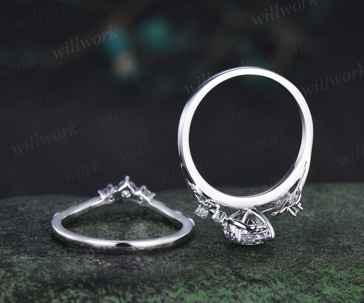 Round cut gray moissanite ring set nature inspired leaf moissanite ring matching wedding band unique bridal set jewelry gifts