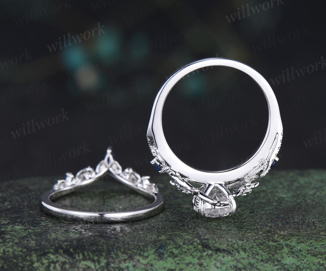 Round brilliant cut lab grown diamond leaf engagement ring set solid 14k white gold floral twig sapphire diamond promise ring unique bridal set