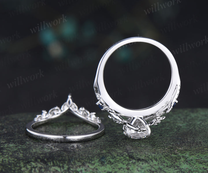 Round brilliant cut lab grown diamond leaf engagement ring set solid 14k white gold floral twig sapphire diamond promise ring unique bridal set