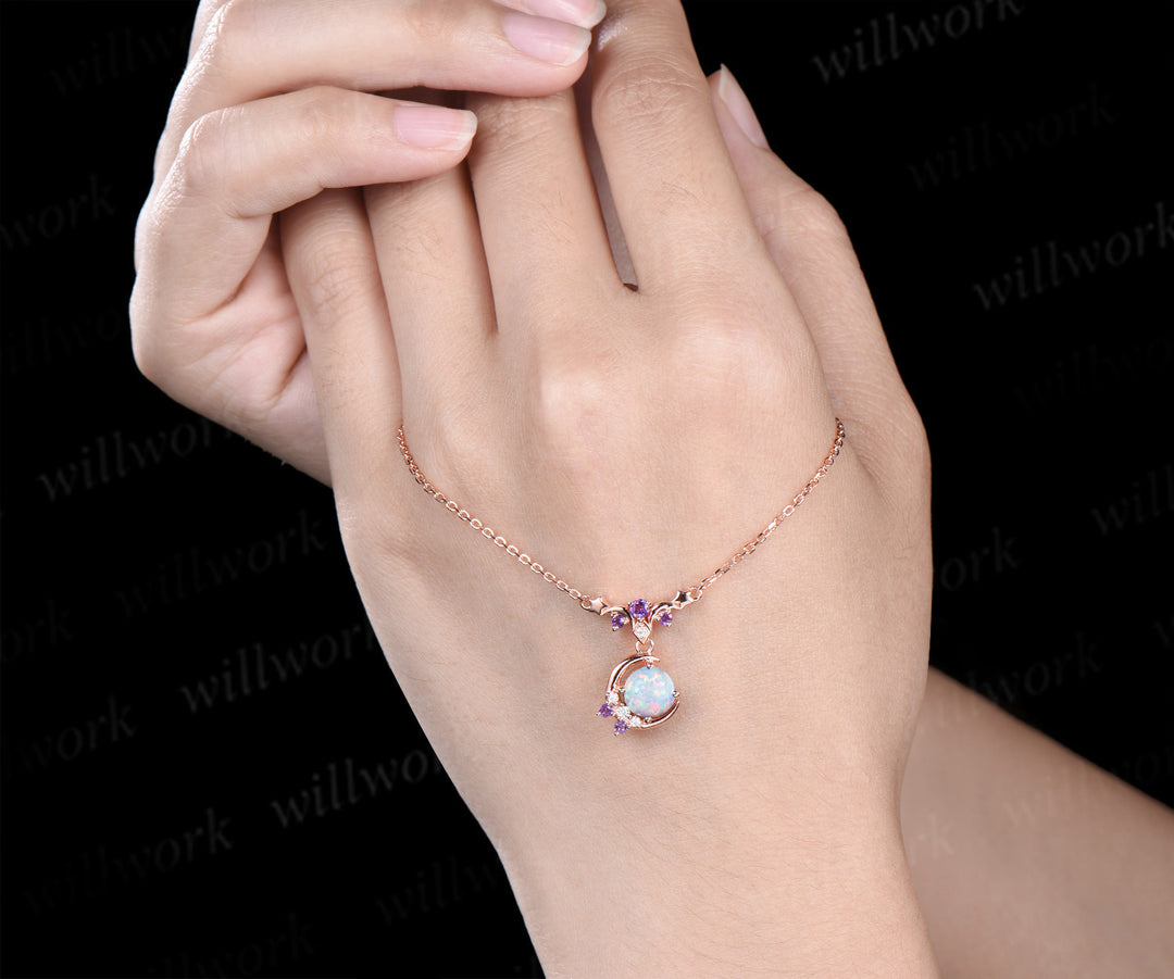 Dainty round opal moon stars necklace amethyst moissanite cluster pendant October birthstone jewelry anniversary gifts