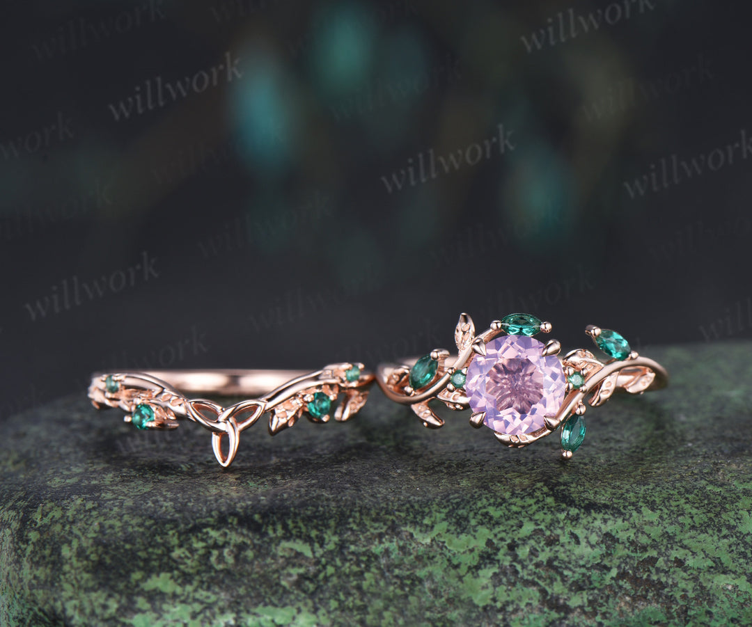 Round lavender amethyst engagement ring set marquise emerald twig ring celtic knot wedding band nature inspired bridal set