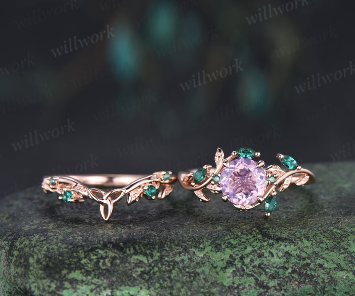 Round lavender amethyst engagement ring set marquise emerald twig ring celtic knot wedding band nature inspired bridal set