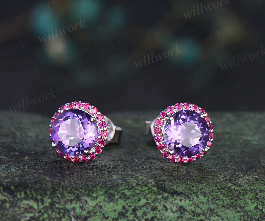 Enchanting round amethyst stud earrings red ruby halo piercing birthstone earrings gifts for her