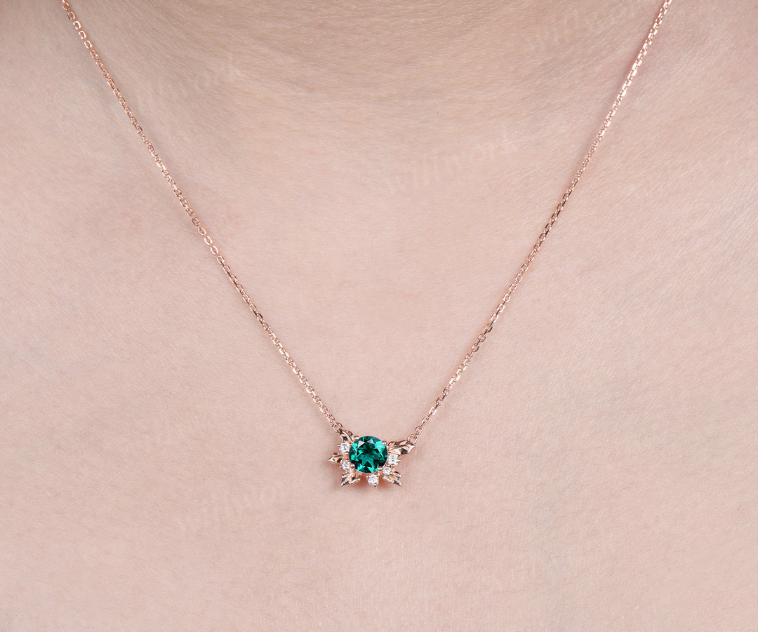 Round emerald leaf pendant necklace nature inspired moissanite rose gold necklace jewelry gifts for women