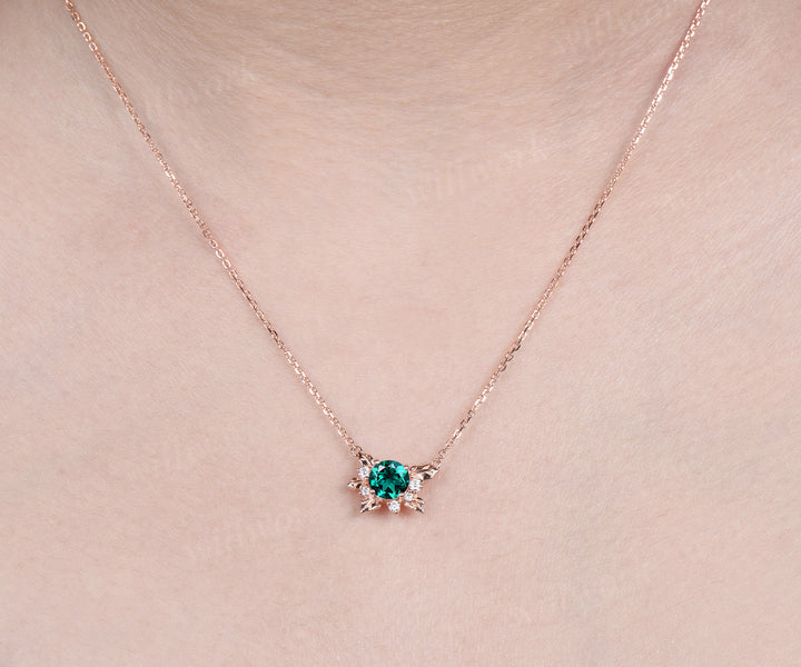 Round emerald leaf pendant necklace nature inspired moissanite rose gold necklace jewelry gifts for women