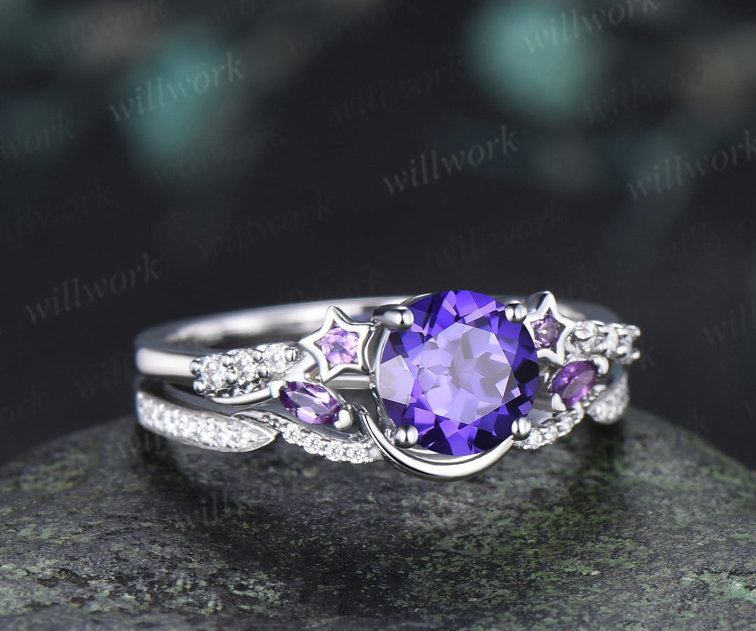 Round Cut Purple Sapphire Ring Set Art Deco Amethyst Star Moissanite Accent Promise Ring Moon Wave Wedding Band Unique Bridal Set