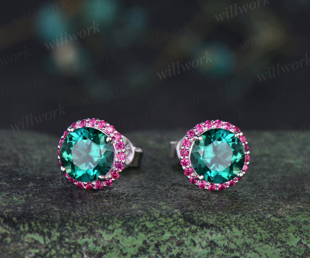 Vintage round emerald stud earrings red ruby halo piercing earrings unique jewelry gifts