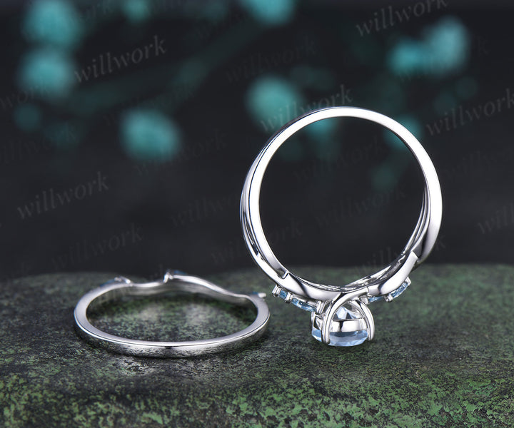 1CT round aquamarine ring set marquise aquamarine twisted engagement ring moissanite matching band March birthstone jewelry for her