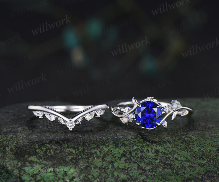1ct round cut blue sapphire engagement ring set leaf twig opals ring moissanite wedding band brial set
