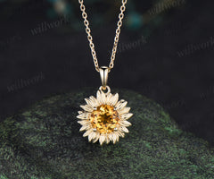 Round cut citrine sunflower necklace solitare yellow cystal pendant necklace November jewelry