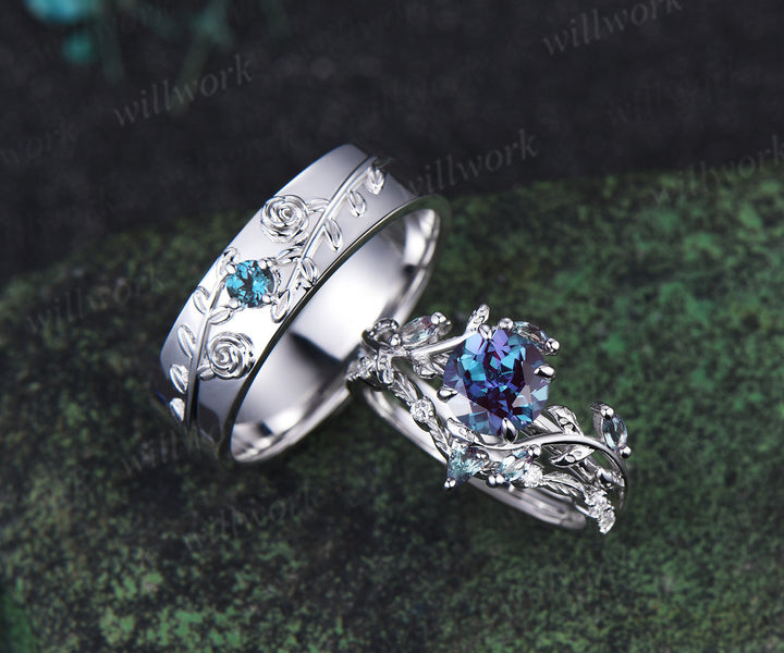 Vintage Round Alexandrite Leaf Bridal Ring Set & Leaf Vine Floral Engraved Alexandrite Men Wedding Ring Enchanted Couple Ring Set