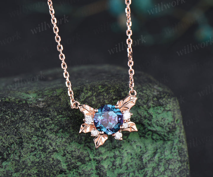 Nature inspired round alexandrite leaf pendant necklace color change gemstone moissanite pendant June birthstone gifts